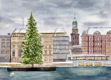 Postkarte DIN-A5 Aquarell Maritim Kunst Druck Kunstdruck Hamburg Hauptkirche St. Michaelis Michel Weihnachten HH7